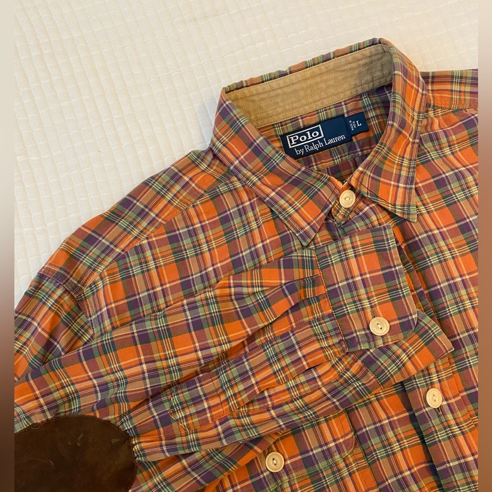 Polo Ralph Lauren Men’s Plaid Double Pocket Suede Patch Button Shirt Size Large